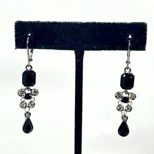 GIVENCHY Gunmetal Black Rhinestone Drop Earrings Faceted Glass Leverback Classic